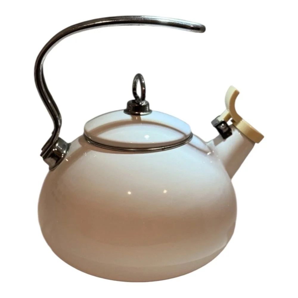 Vintage White Enamel Whistling Tea Kettle‎ Flip Spout Chipped